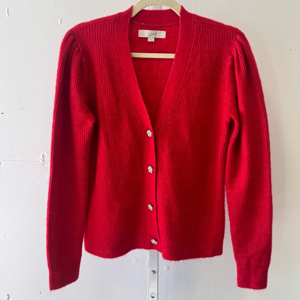 NWOT LOFT Rhinestone Buttons Relaxed Fit Knit Cardigan Sweater Red‎ Small